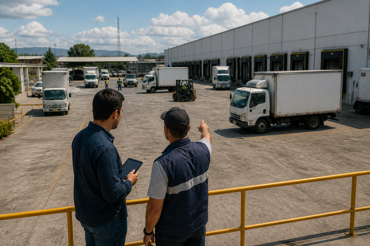Responsable comercial y jefe de flota revisan una operación logística desde el patio