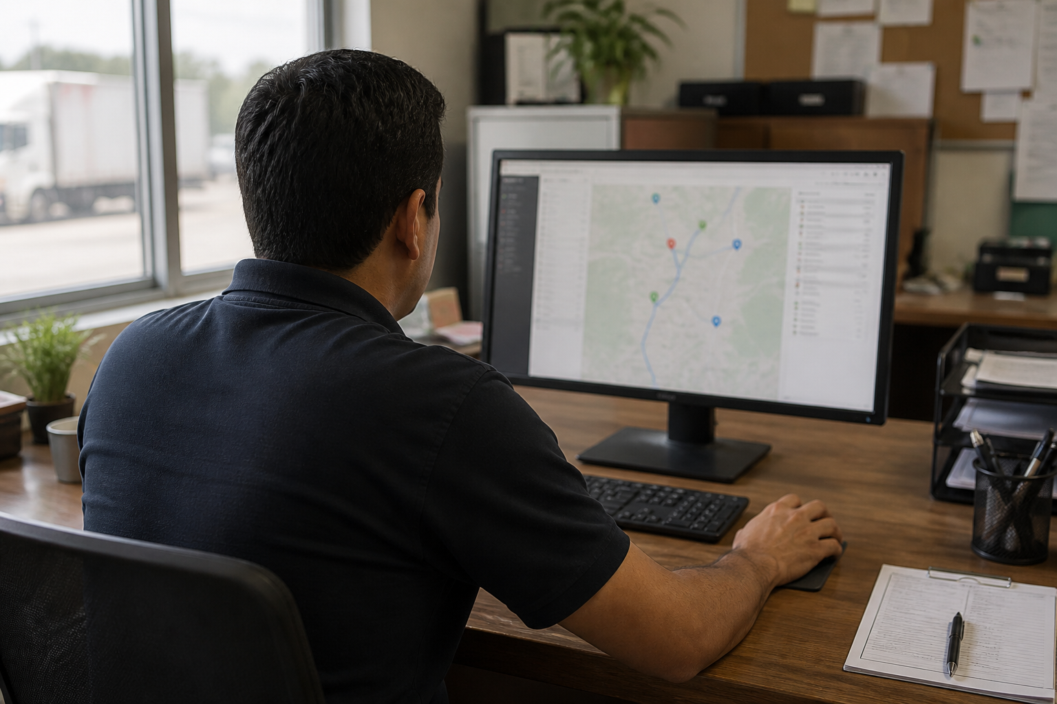 Especialista revisa una plataforma de gestión de flotas en un monitor